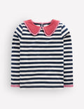 Collared Breton Jersey Top-Coconut Milk and Navy Stripe