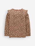Frill Sleeve Slub Top-Milk Chocolate Brown Leopard