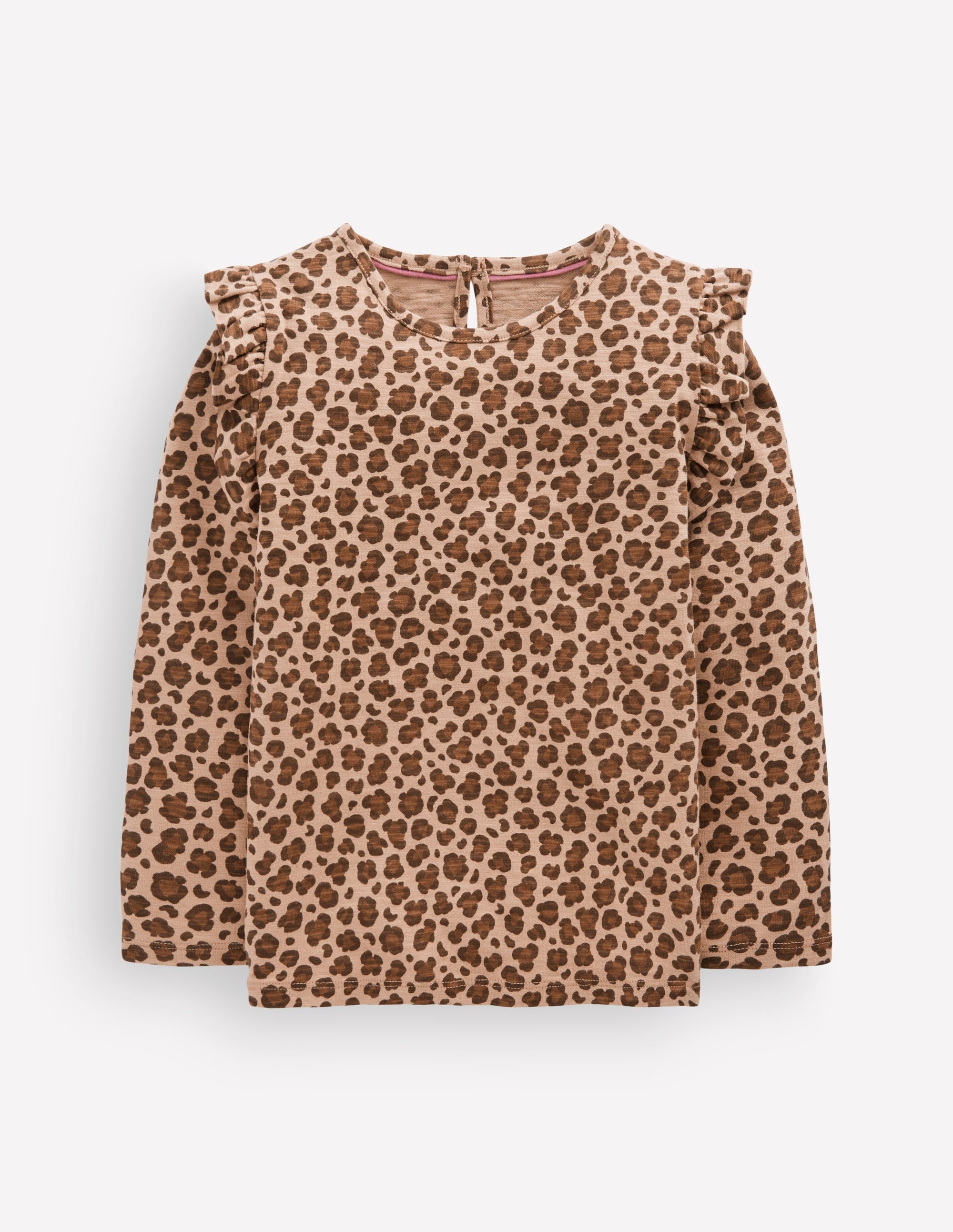 Frill Sleeve Slub Top-Milk Chocolate Brown Leopard