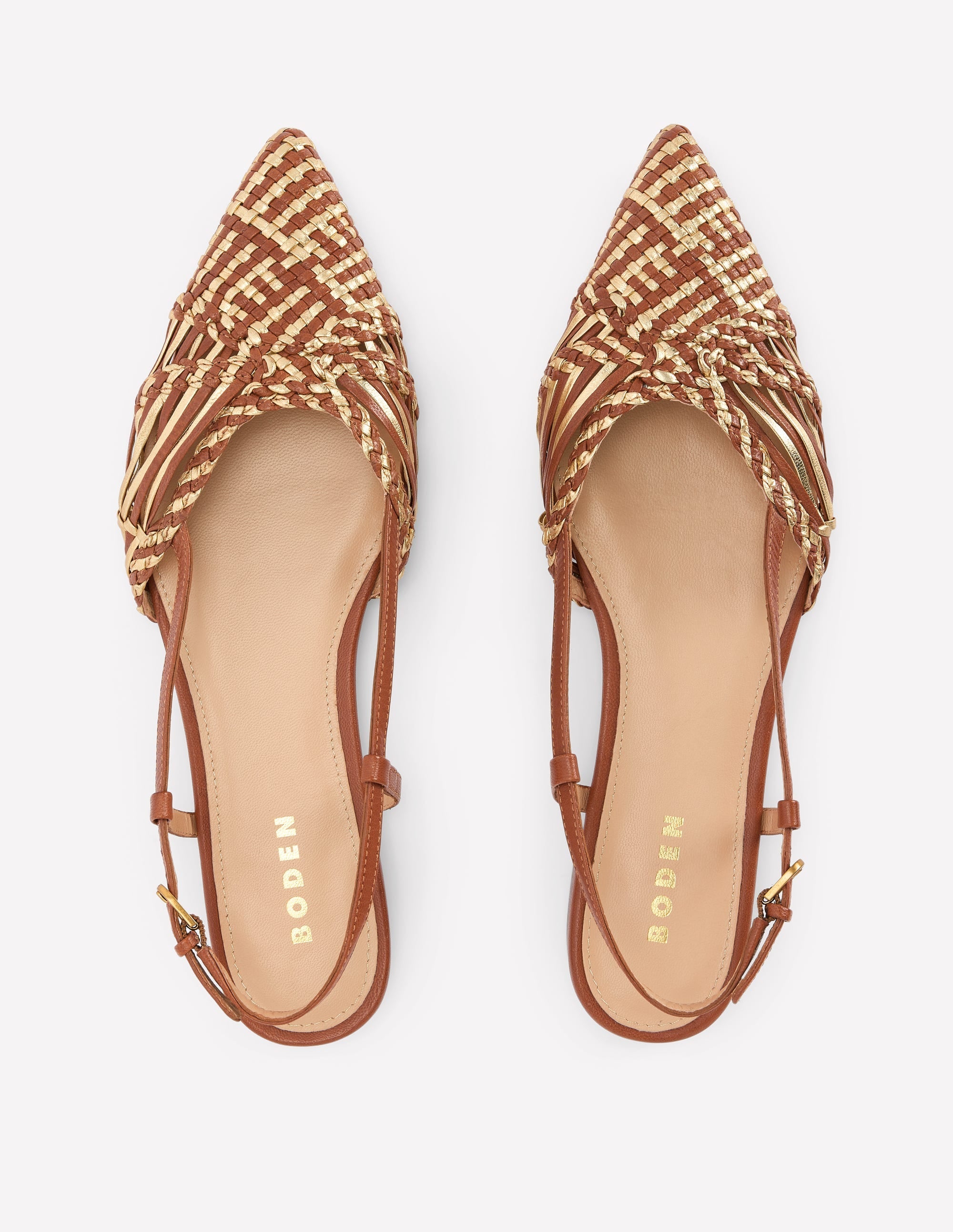 Woven Detail Pointed Flat-Tan/ Gold