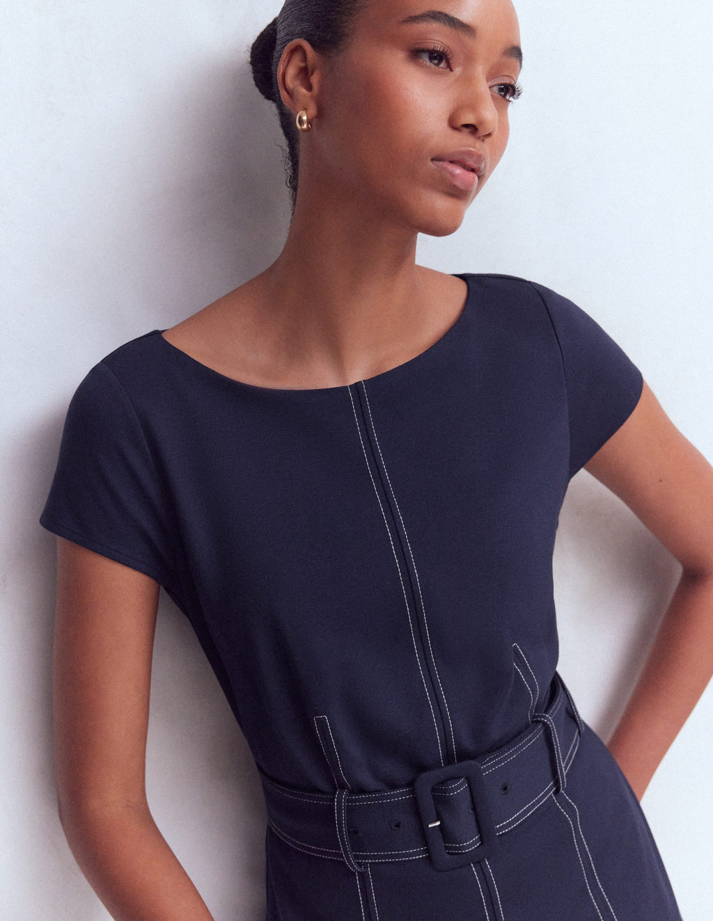 Annet Belted Ponte Midi Dress-Navy