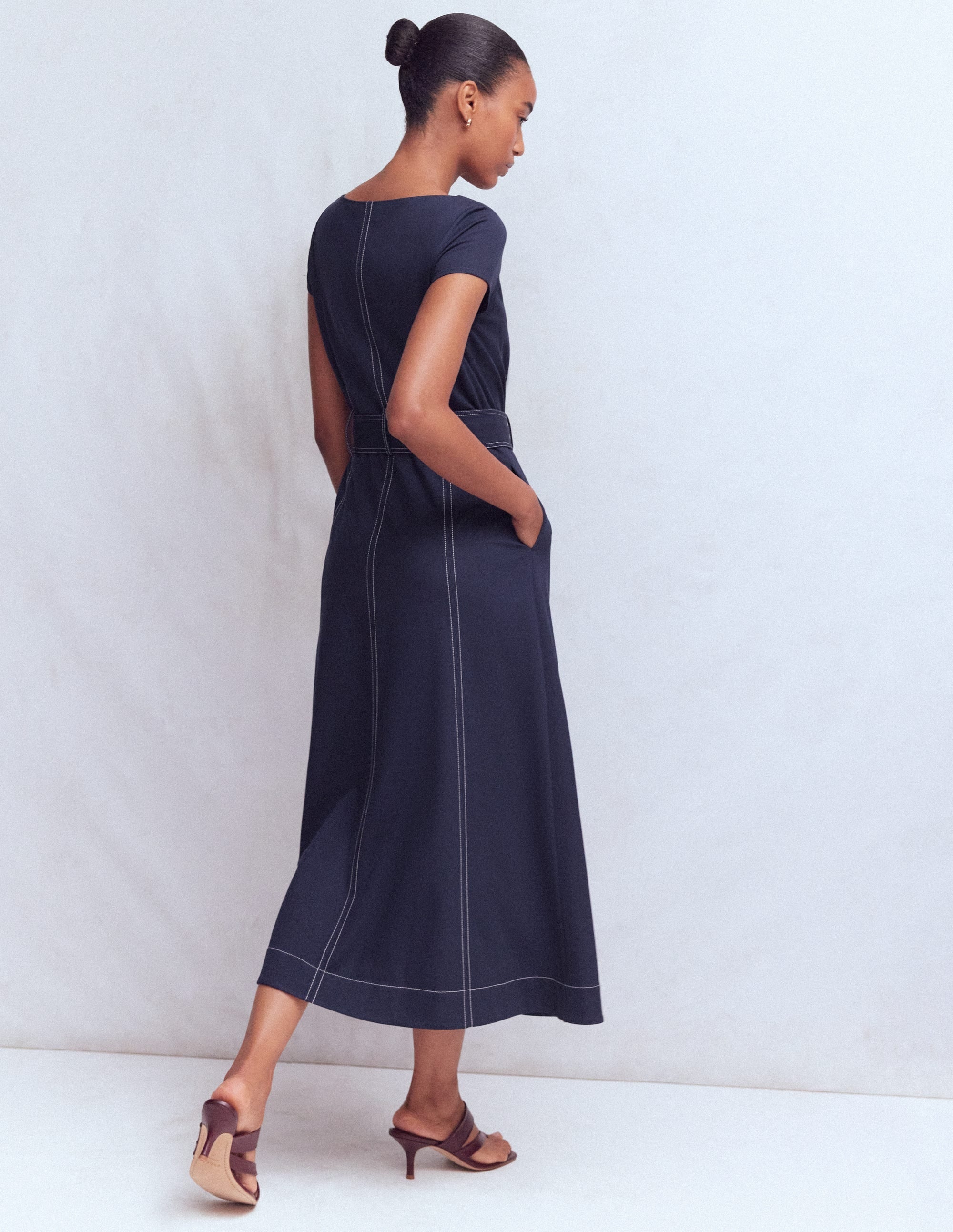 Annet Belted Ponte Midi Dress-Navy