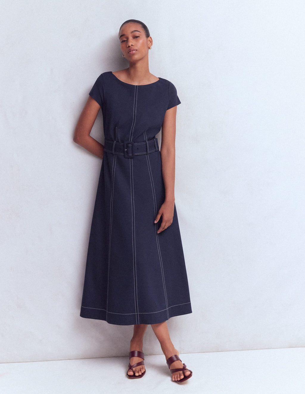Annet Belted Ponte Midi Dress-Navy