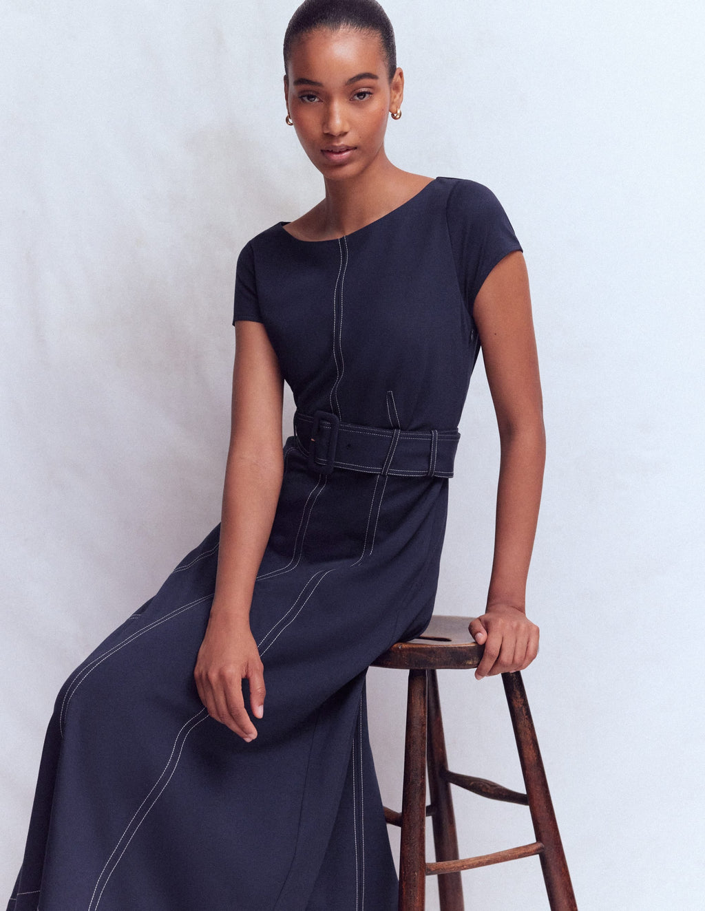 Annet Belted Ponte Midi Dress-Navy