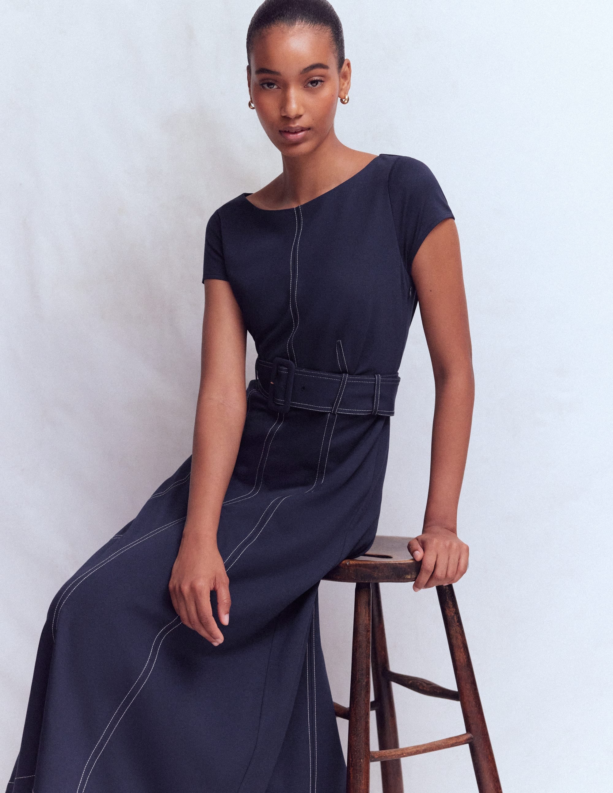 Annet Belted Ponte Midi Dress-Navy