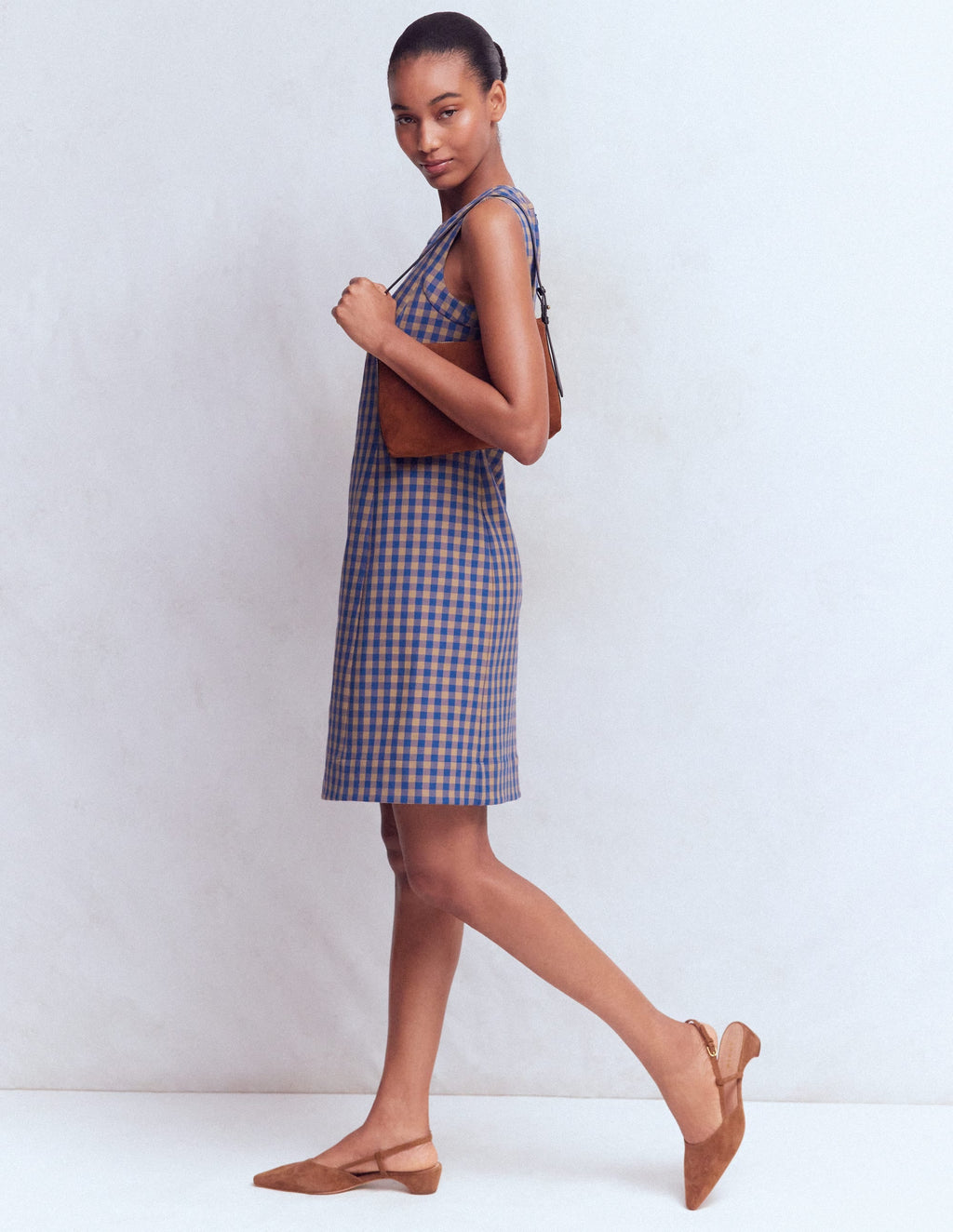 Lou Check Shift Dress-Camel, Blue Gingham