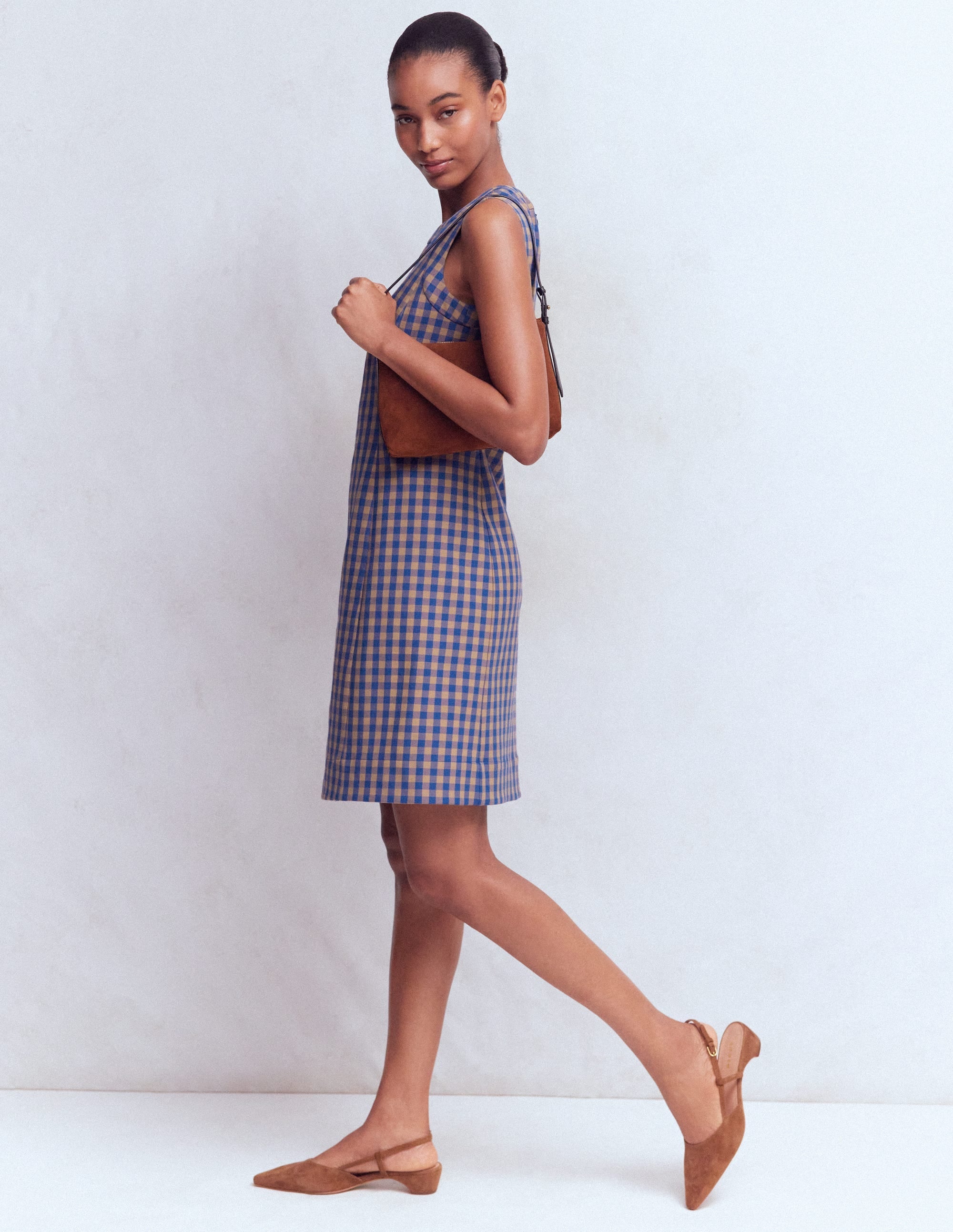Lou Check Shift Dress-Camel, Blue Gingham