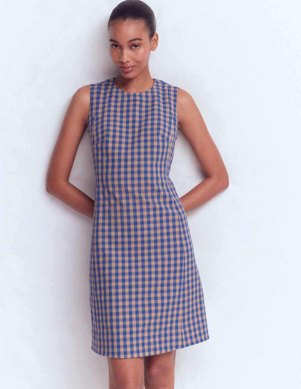 Lou Check Shift Dress-Camel, Blue Gingham