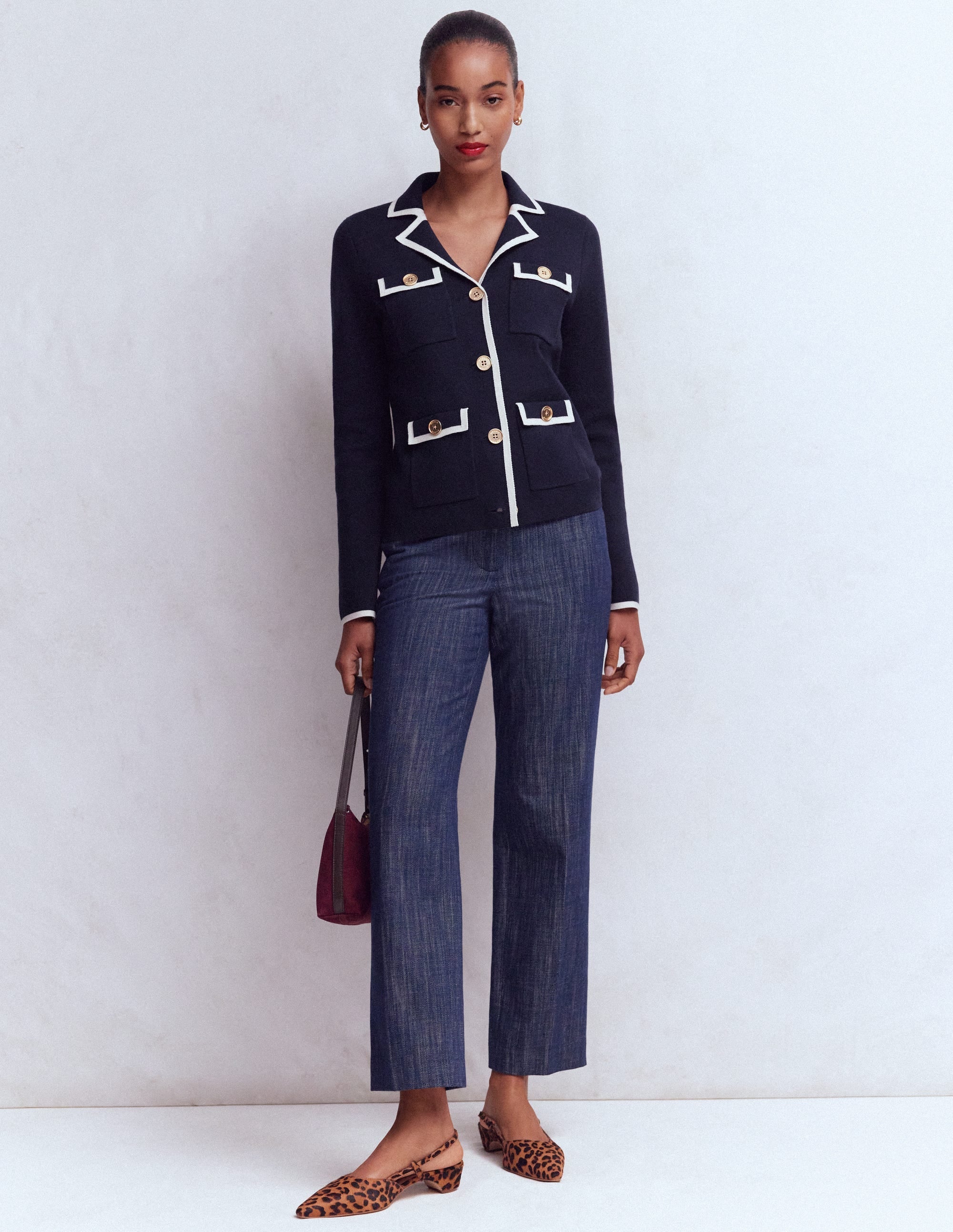 Phoebe Collared Knitted Jacket-Navy