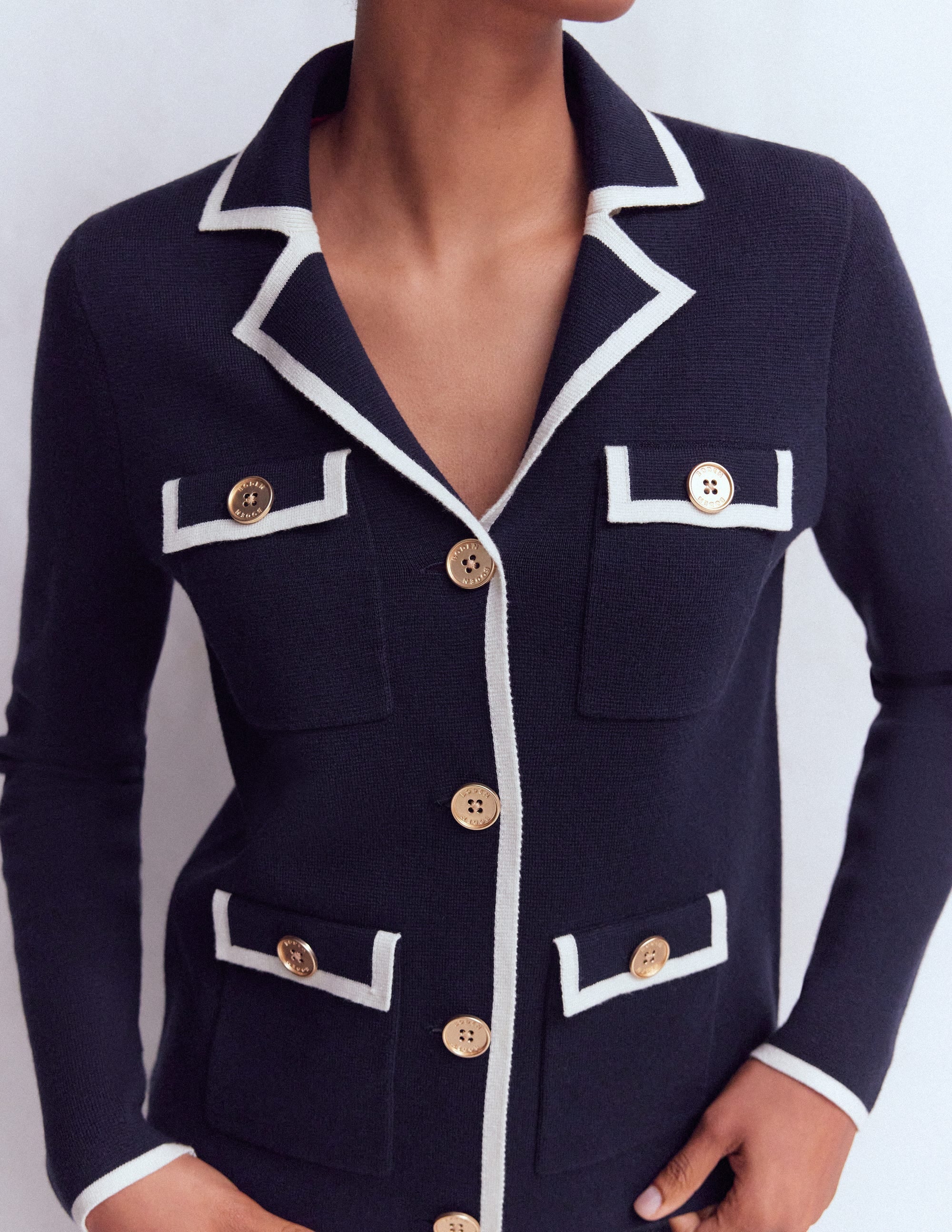 Phoebe Collared Knitted Jacket-Navy