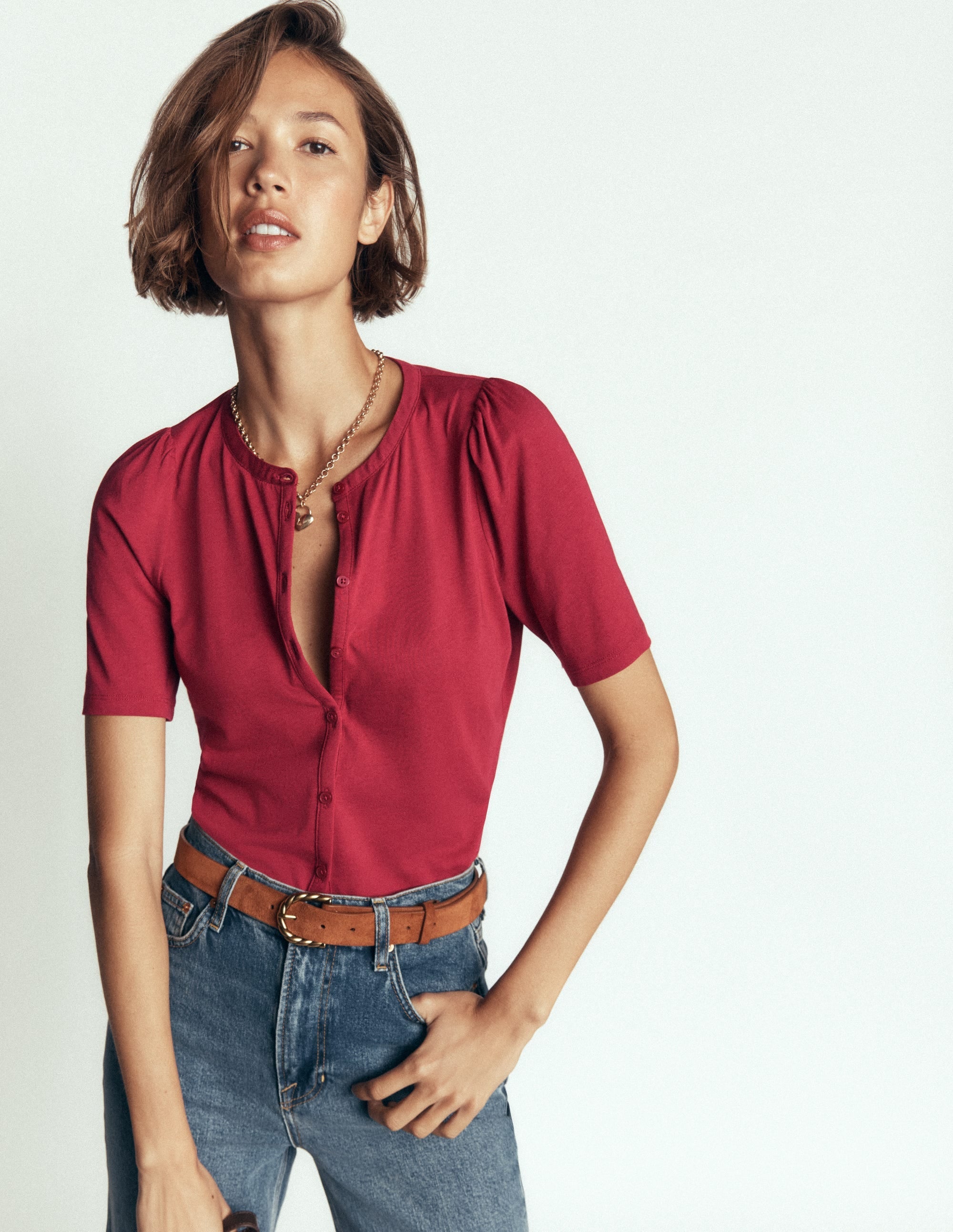 Short Puff Sleeve Top-Red Earth