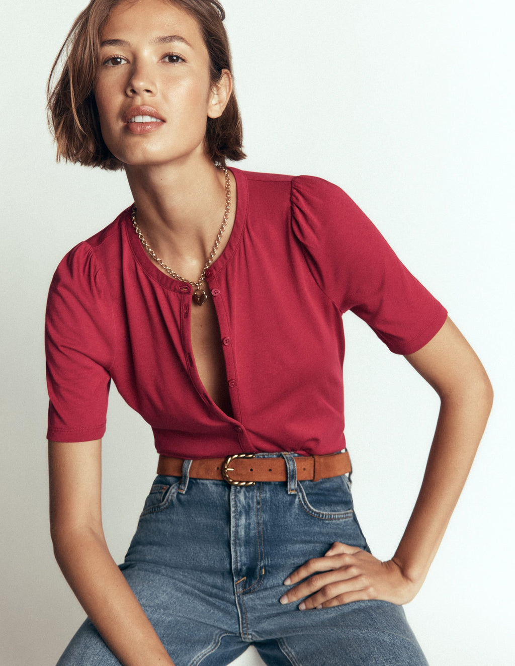 Short Puff Sleeve Top-Red Earth