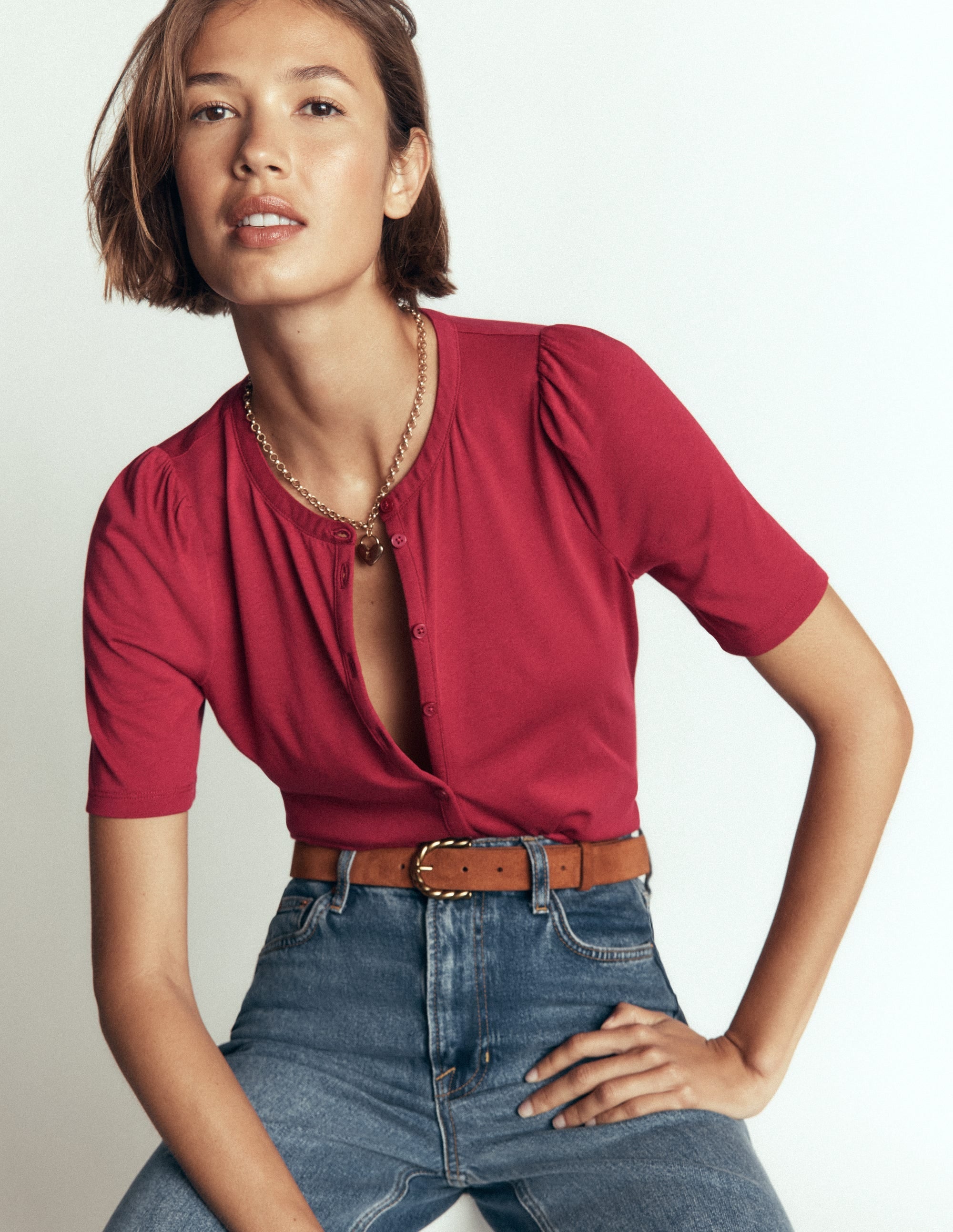 Short Puff Sleeve Top-Red Earth