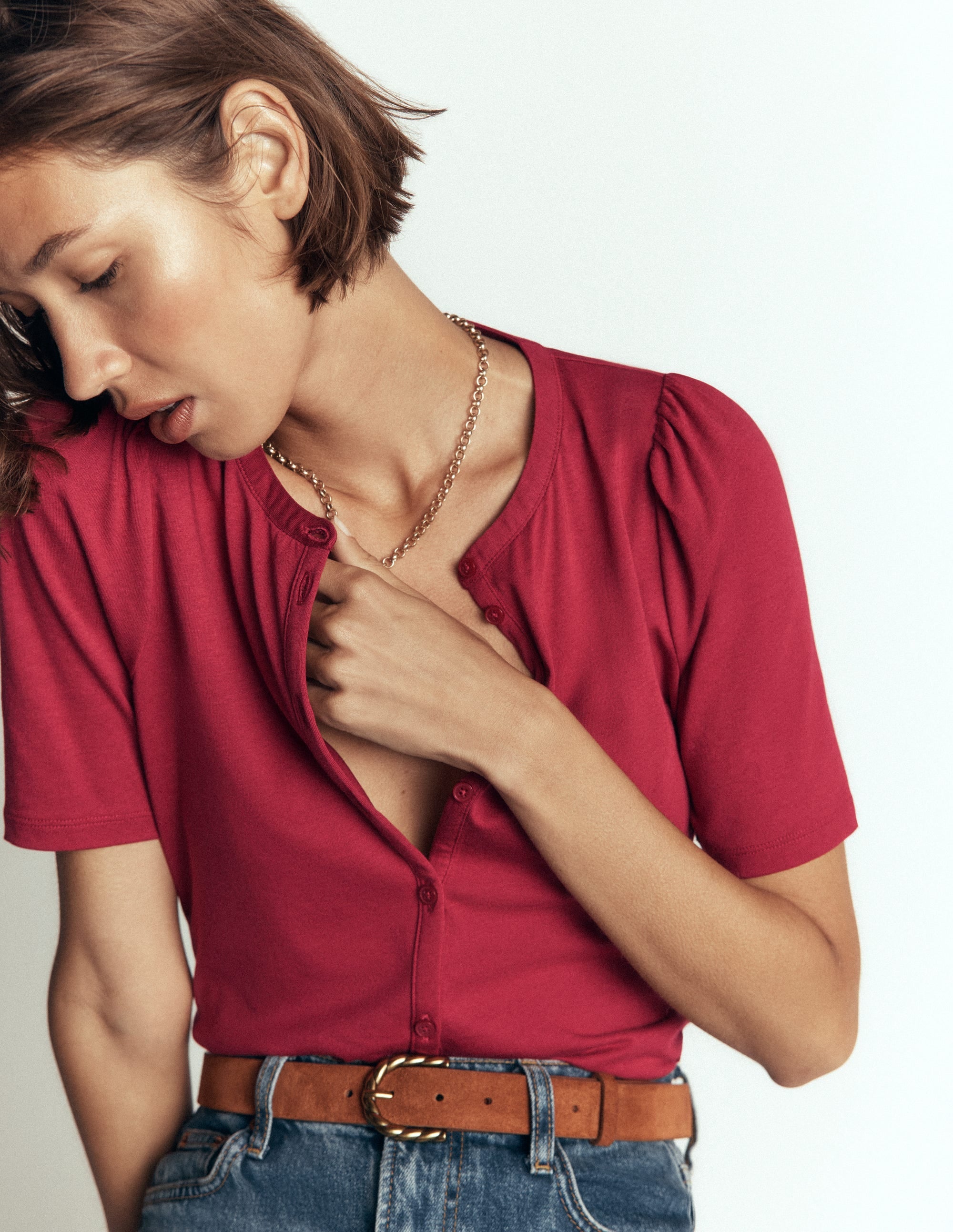 Short Puff Sleeve Top-Red Earth