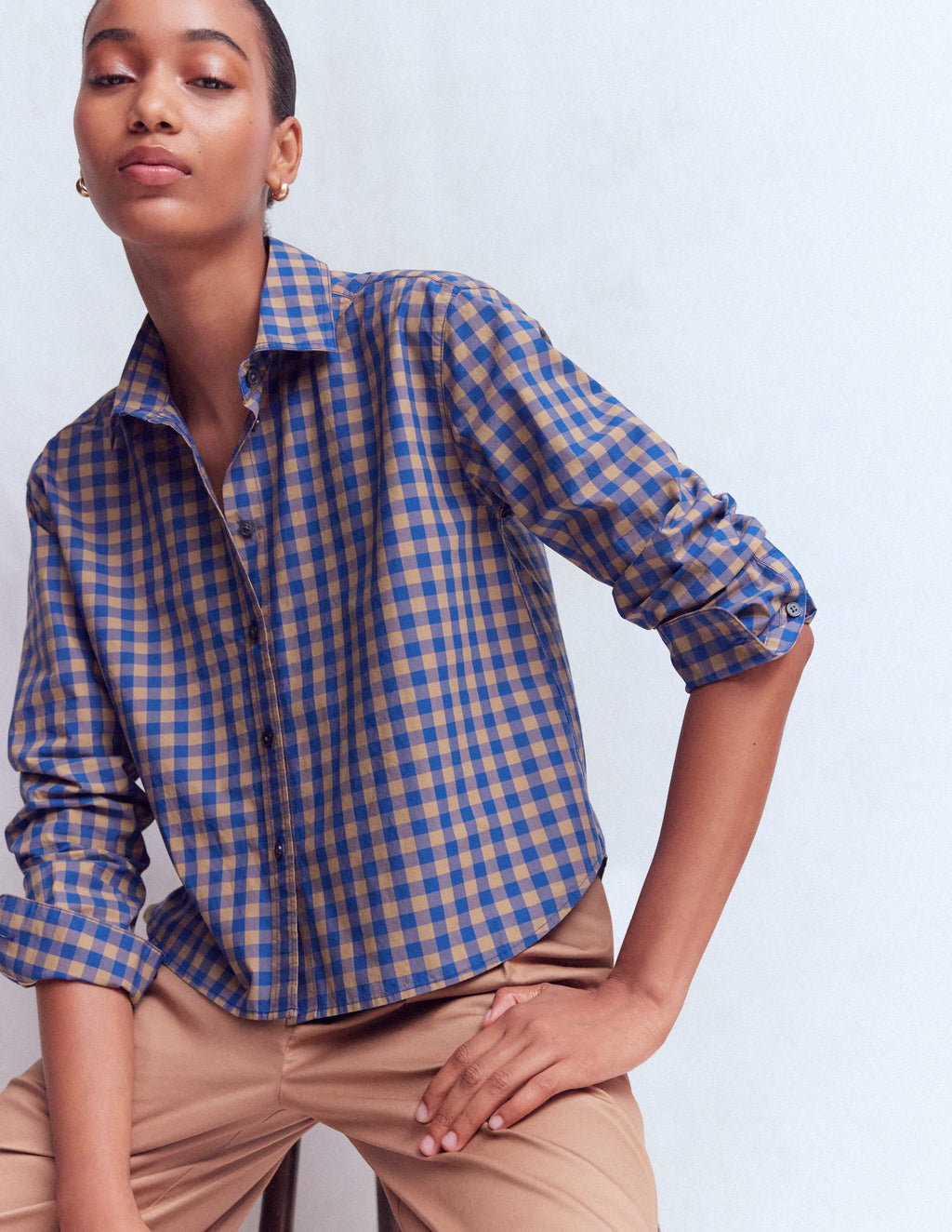 Sienna Crop Cotton Shirt-Blue and Camel Gingham