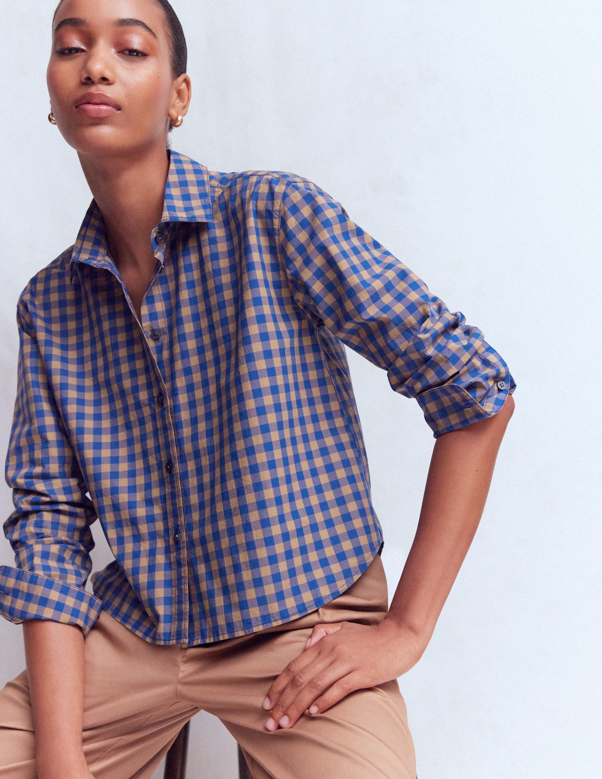 Sienna Crop Cotton Shirt-Blue and Camel Gingham