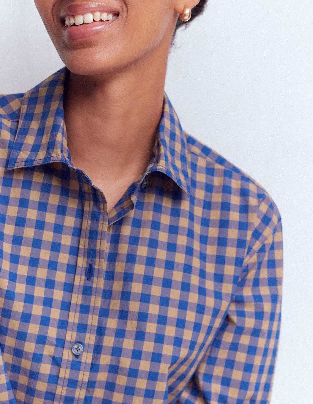 Sienna Crop Cotton Shirt-Blue and Camel Gingham