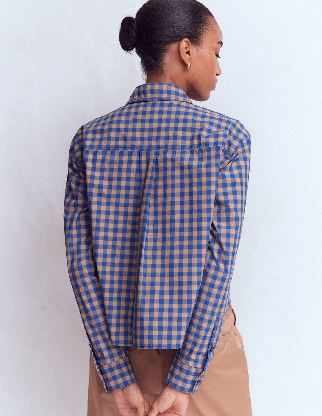 Sienna Crop Cotton Shirt-Blue and Camel Gingham