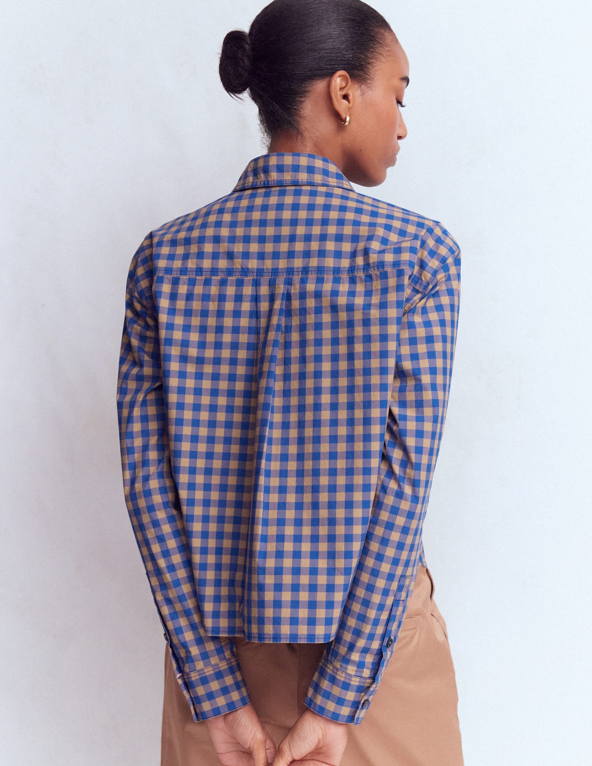 Sienna Crop Cotton Shirt-Blue and Camel Gingham