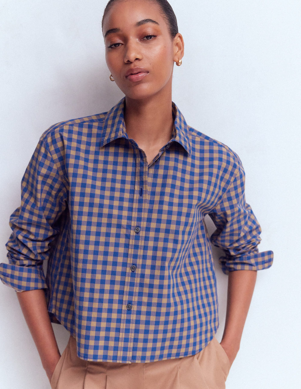 Sienna Crop Cotton Shirt-Blue and Camel Gingham