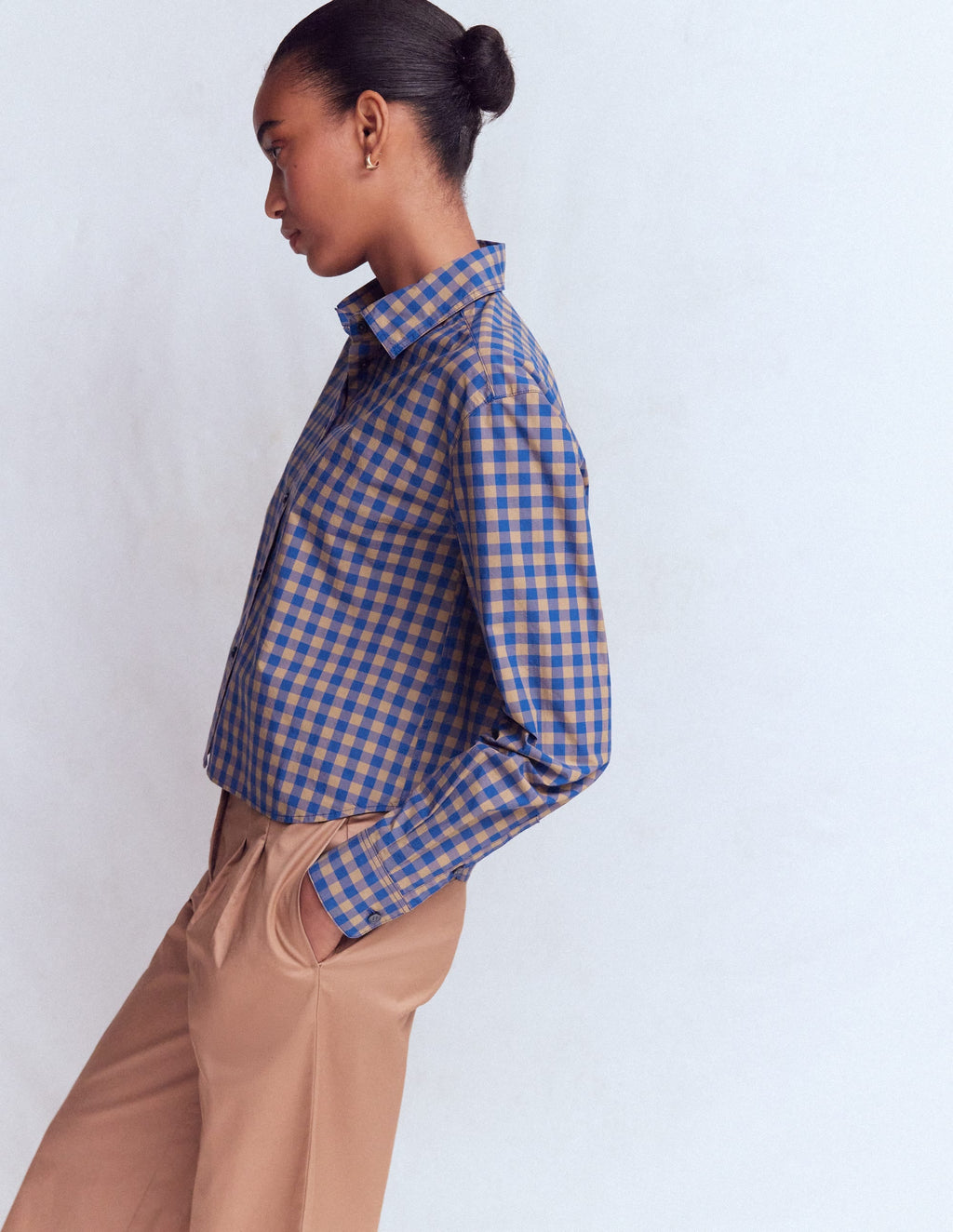 Sienna Crop Cotton Shirt-Blue and Camel Gingham