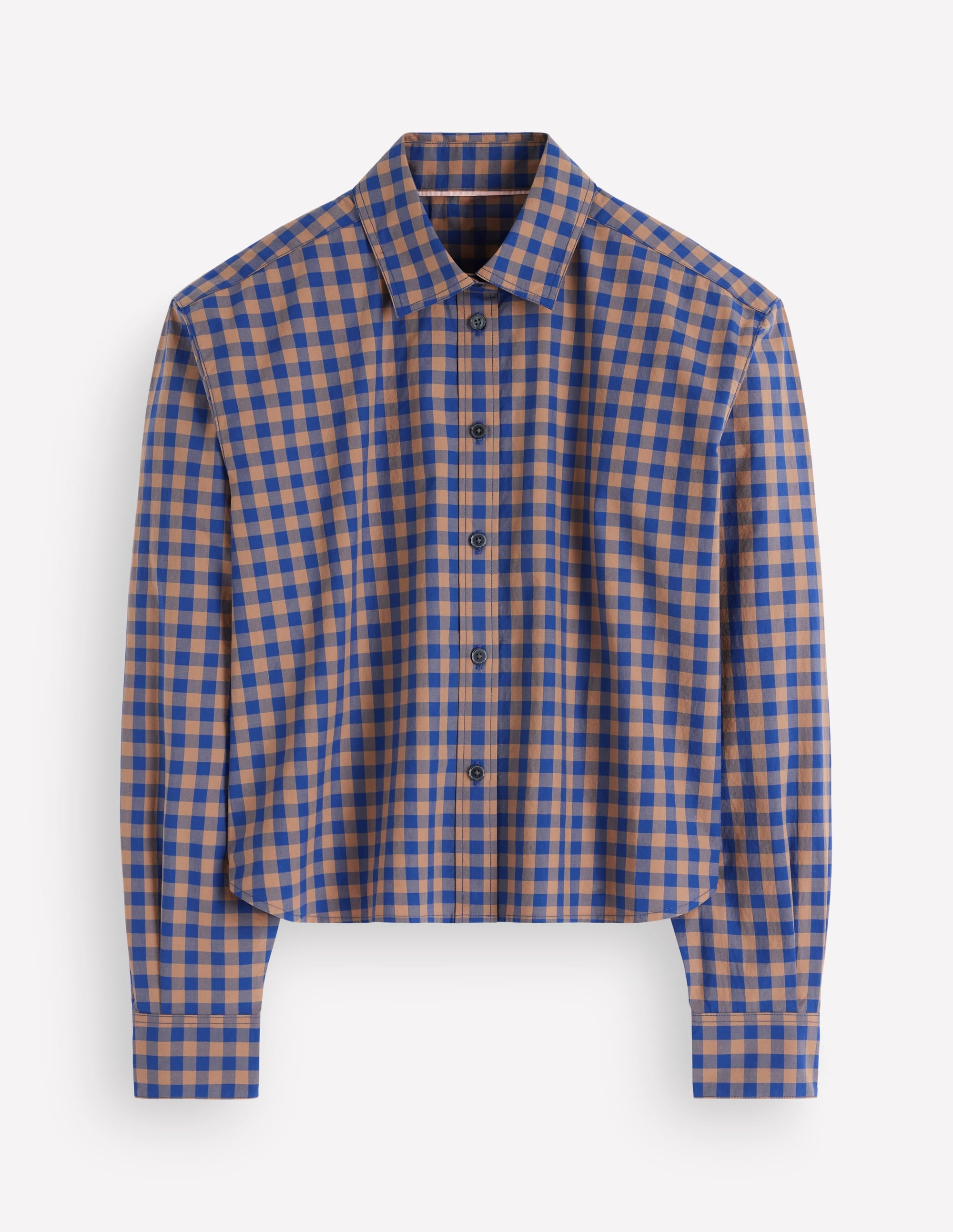 Sienna Crop Cotton Shirt-Blue and Camel Gingham
