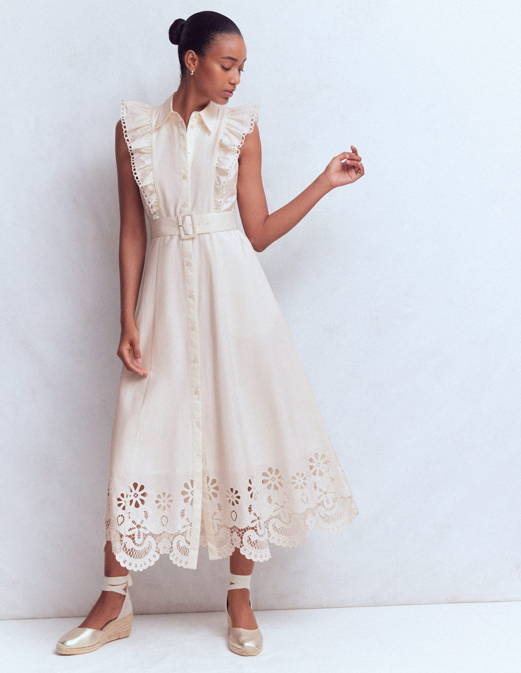 Ruffle Bodice Shirt Dress-White Broderie Trim