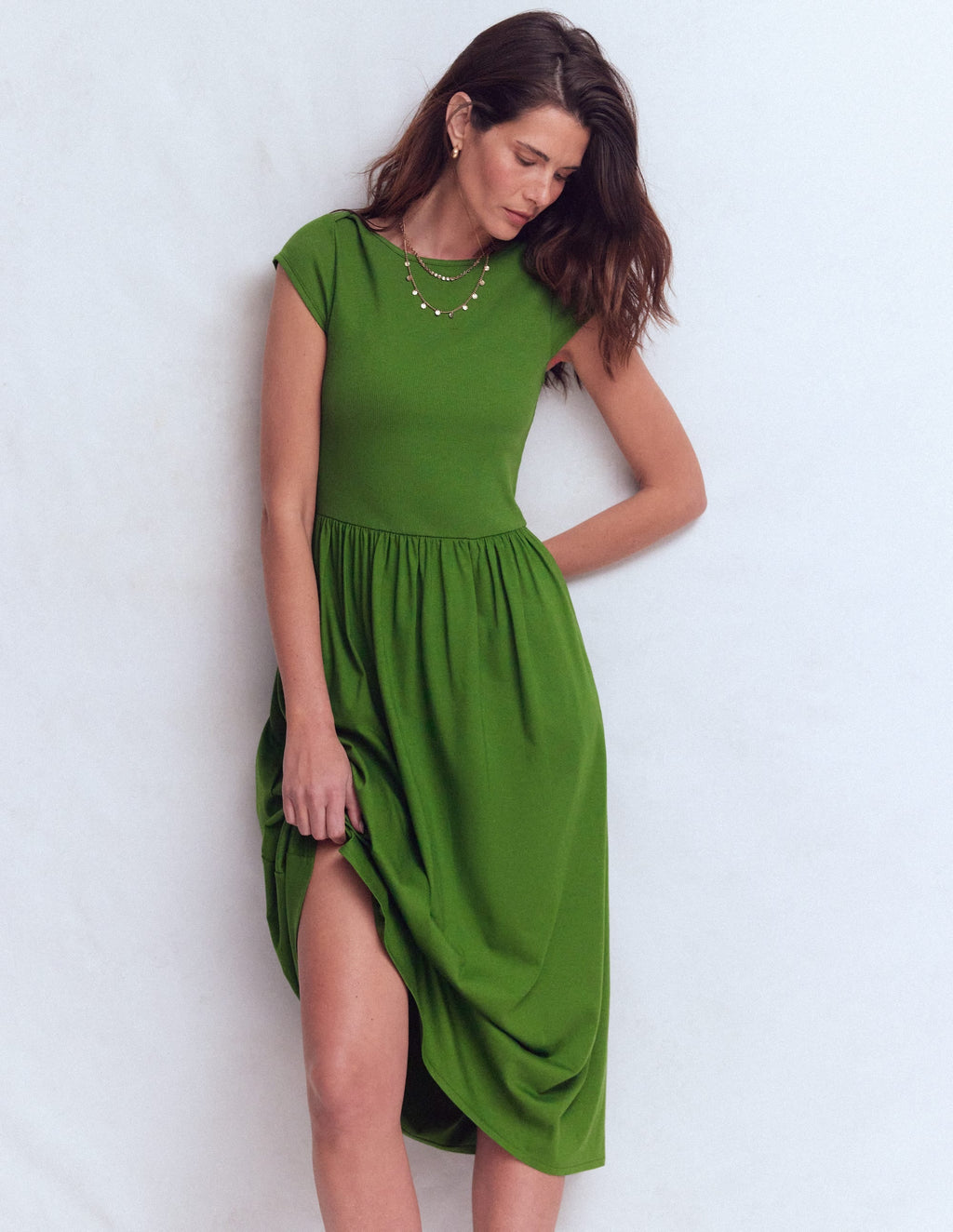 Boat Neck Mix Dress-Promenade Green