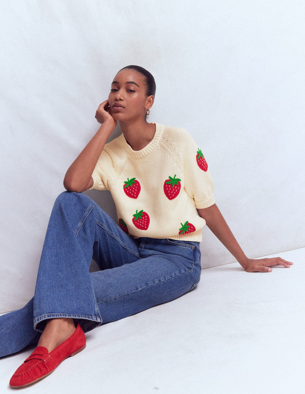 Margot Puff Sleeve T-Shirt-Warm Ivory Strawberry