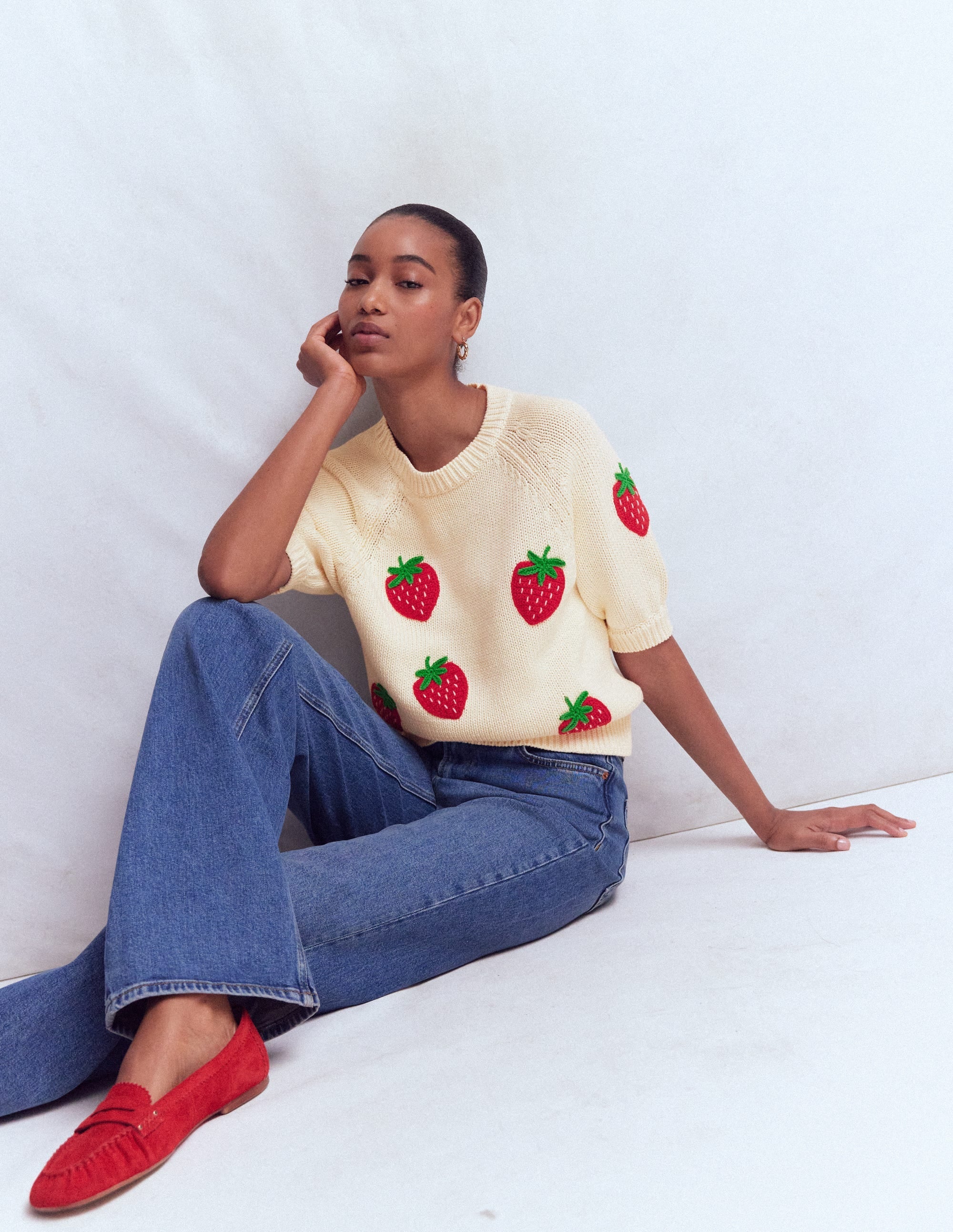 Margot Puff Sleeve T-Shirt-Warm Ivory Strawberry