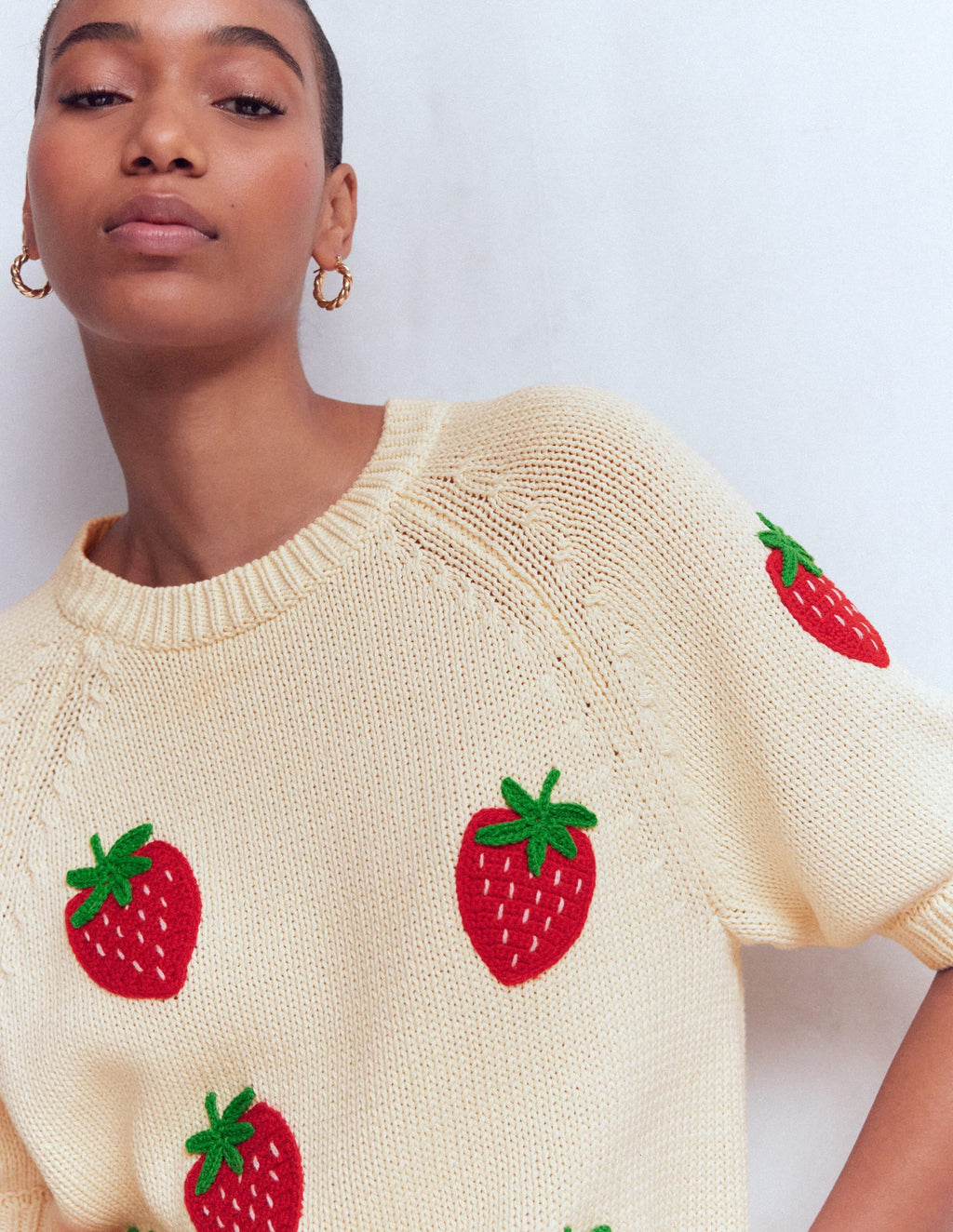 Margot Puff Sleeve T-Shirt-Warm Ivory Strawberry
