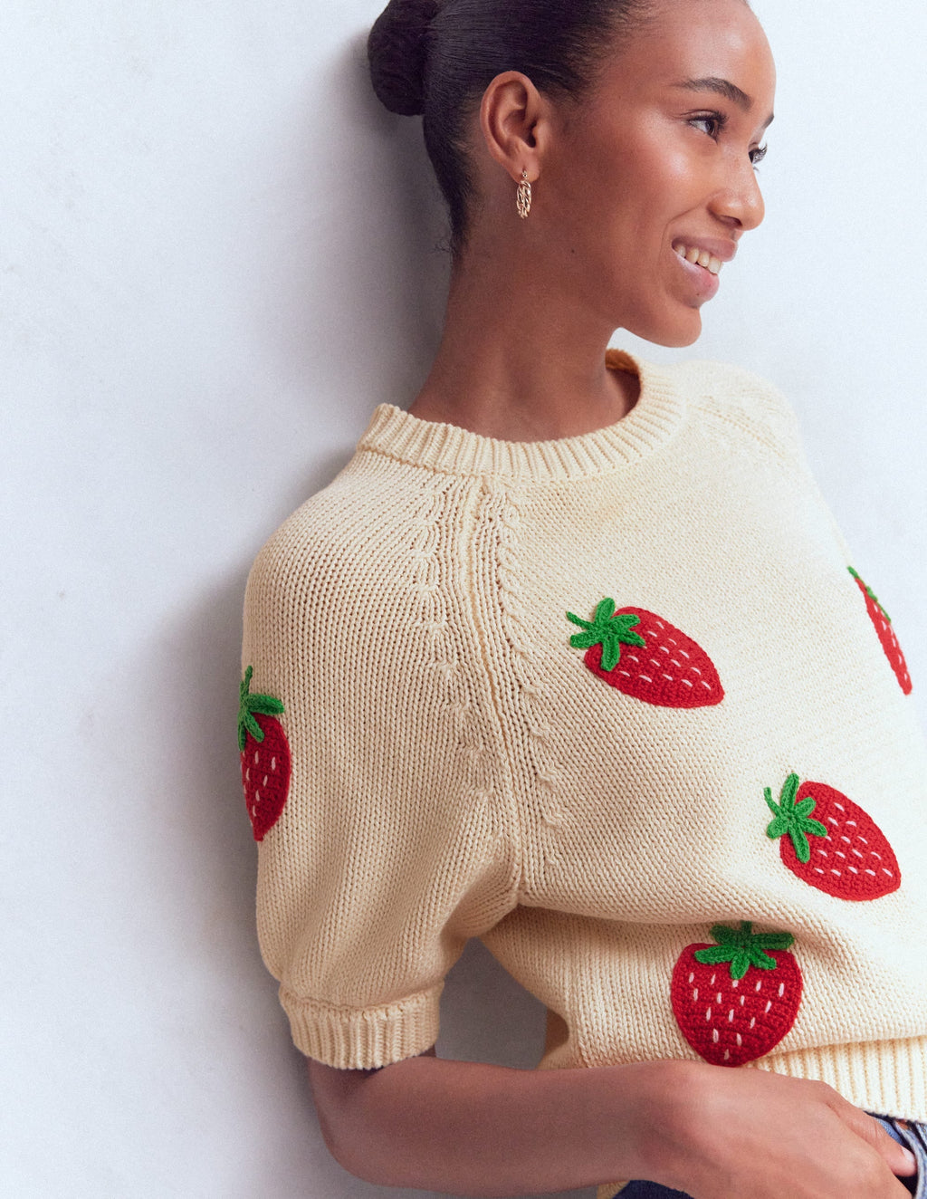 Margot Puff Sleeve T-Shirt-Warm Ivory Strawberry