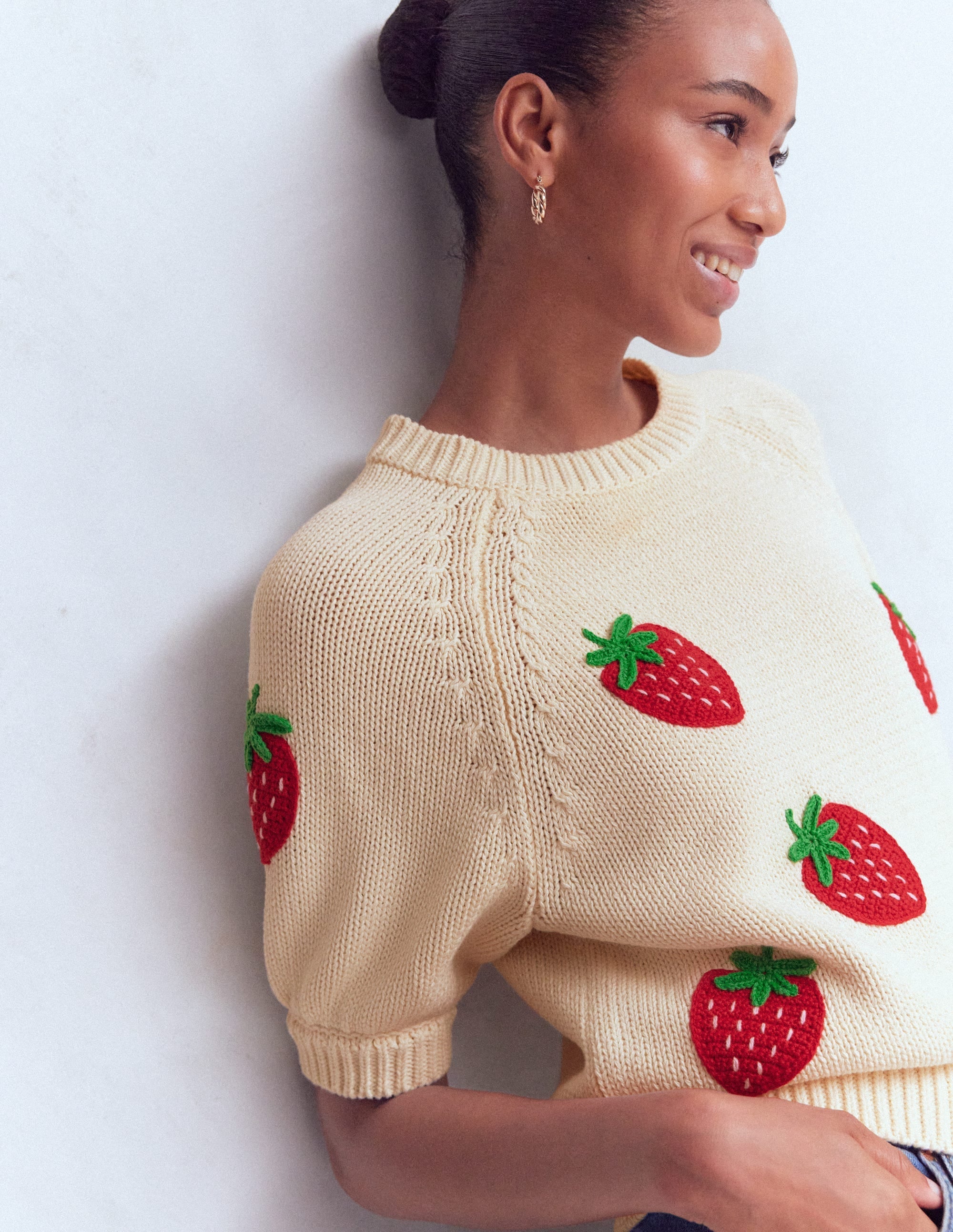 Margot Puff Sleeve T-Shirt-Warm Ivory Strawberry