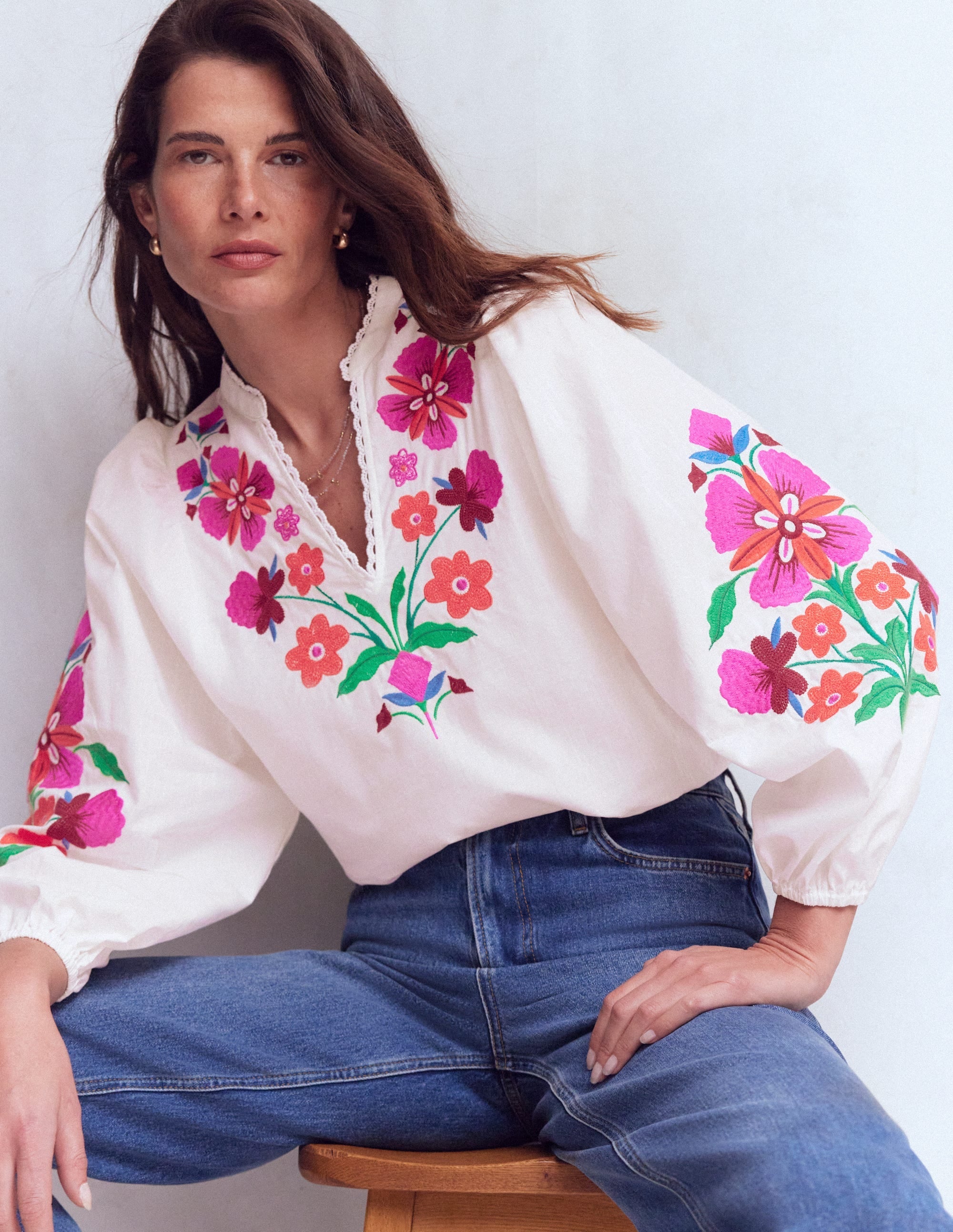 Embroidered Notch Neck Top-Floral Placement Embroidery