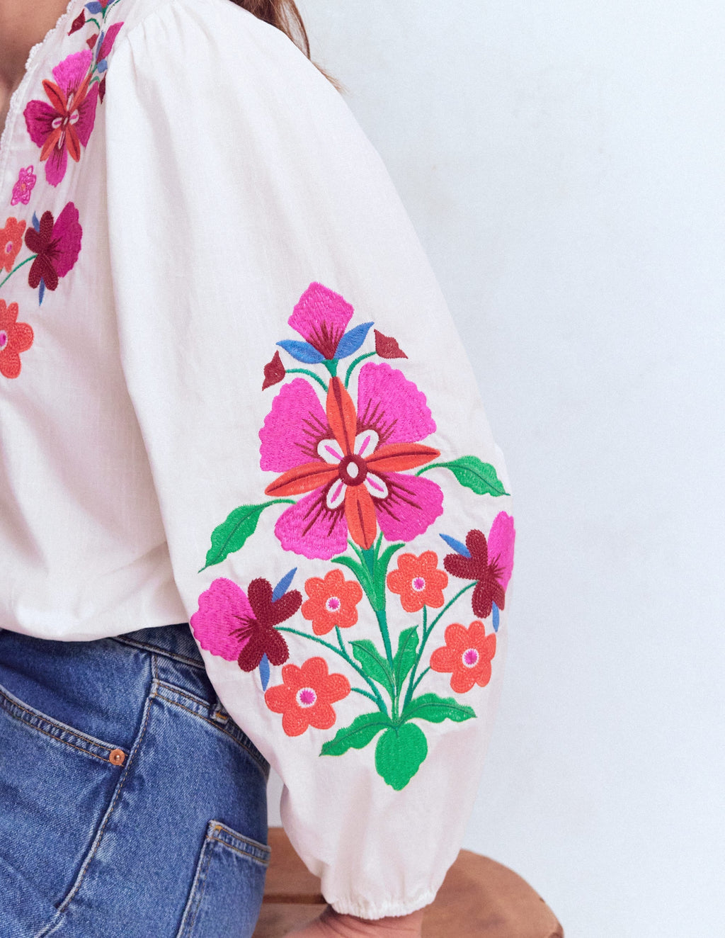 Embroidered Notch Neck Top-Floral Placement Embroidery