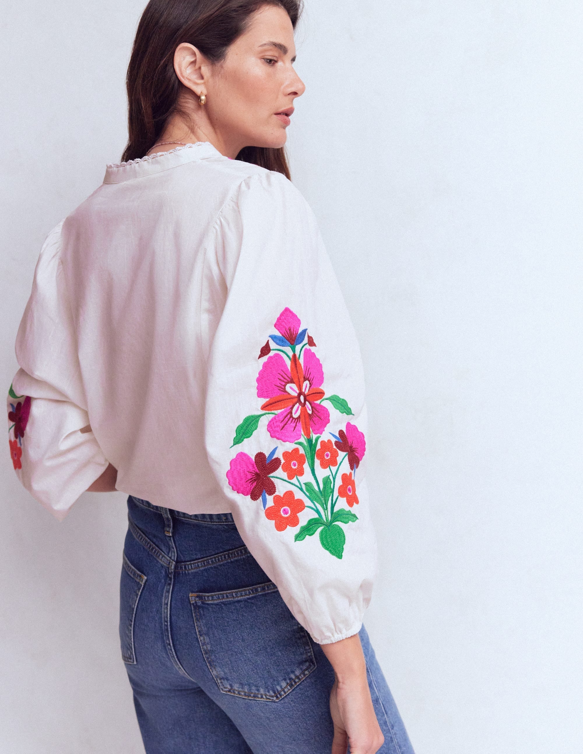 Embroidered Notch Neck Top-Floral Placement Embroidery