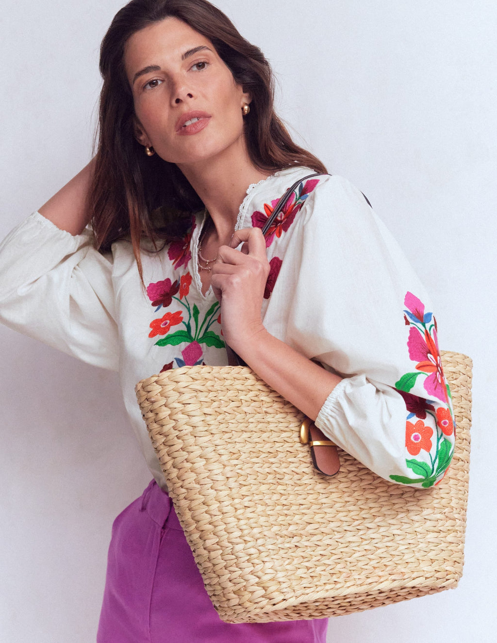 Embroidered Notch Neck Top-Floral Placement Embroidery