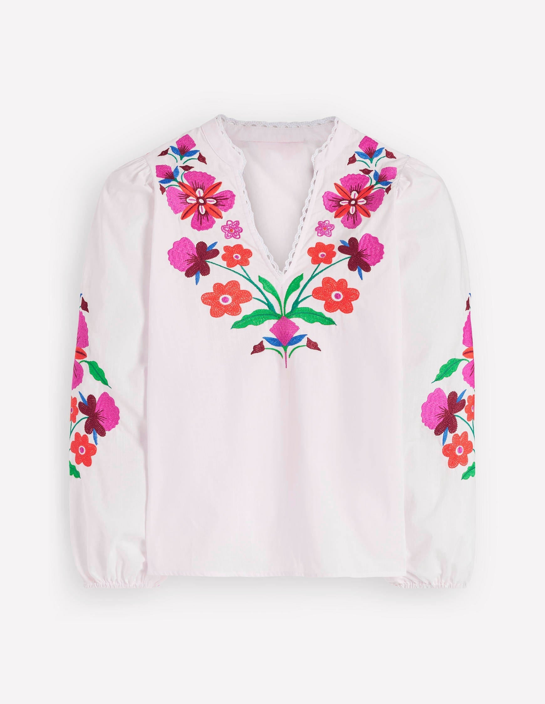 Embroidered Notch Neck Top-Floral Placement Embroidery