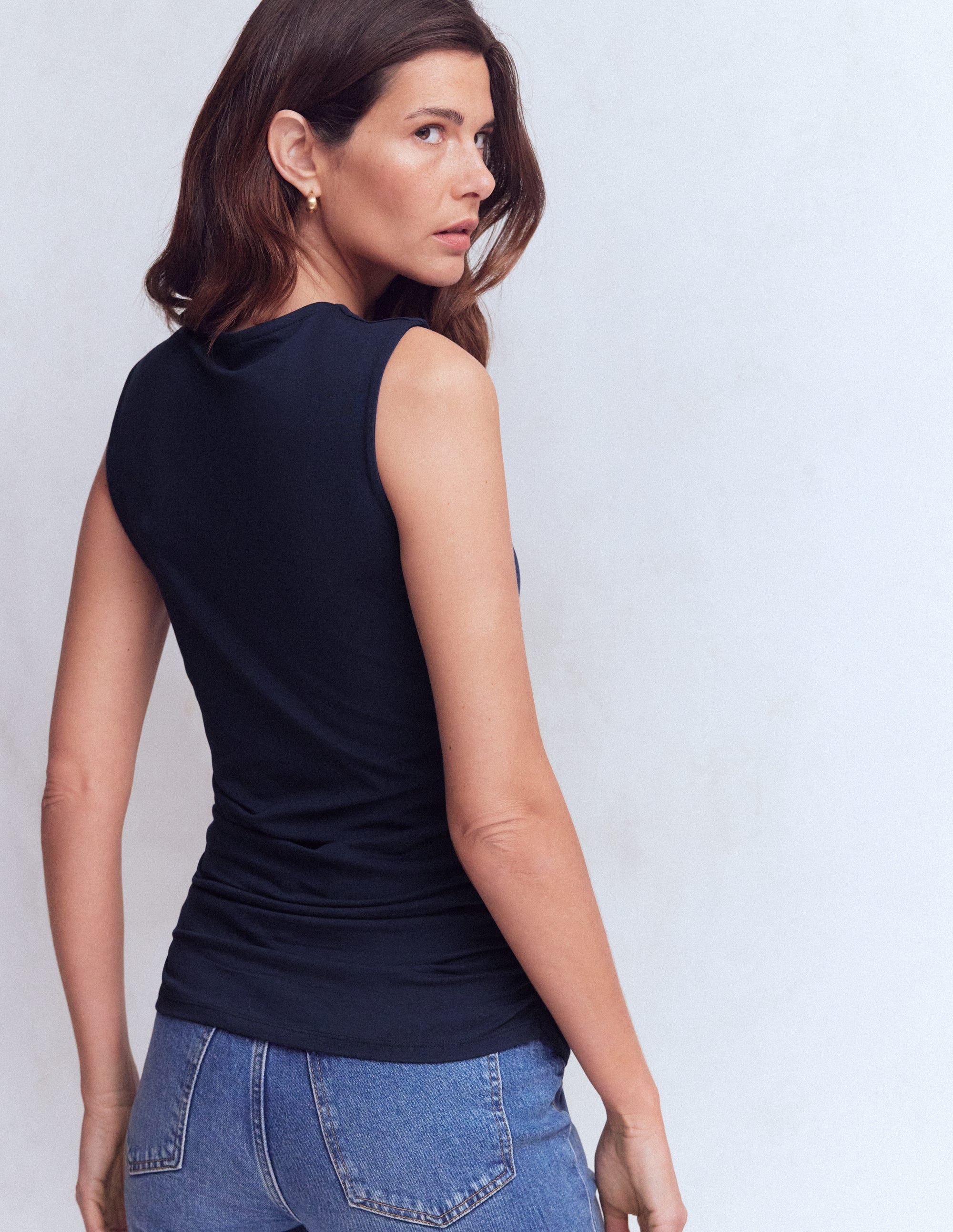 Tia Sleeveless Ruch Jersey Top-Navy